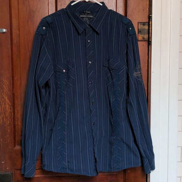 2/$20 Indigo Star Pin-Stripe Navy Blue Military Style Shirt Pearl Buttons Sz XL - Picture 1 of 12